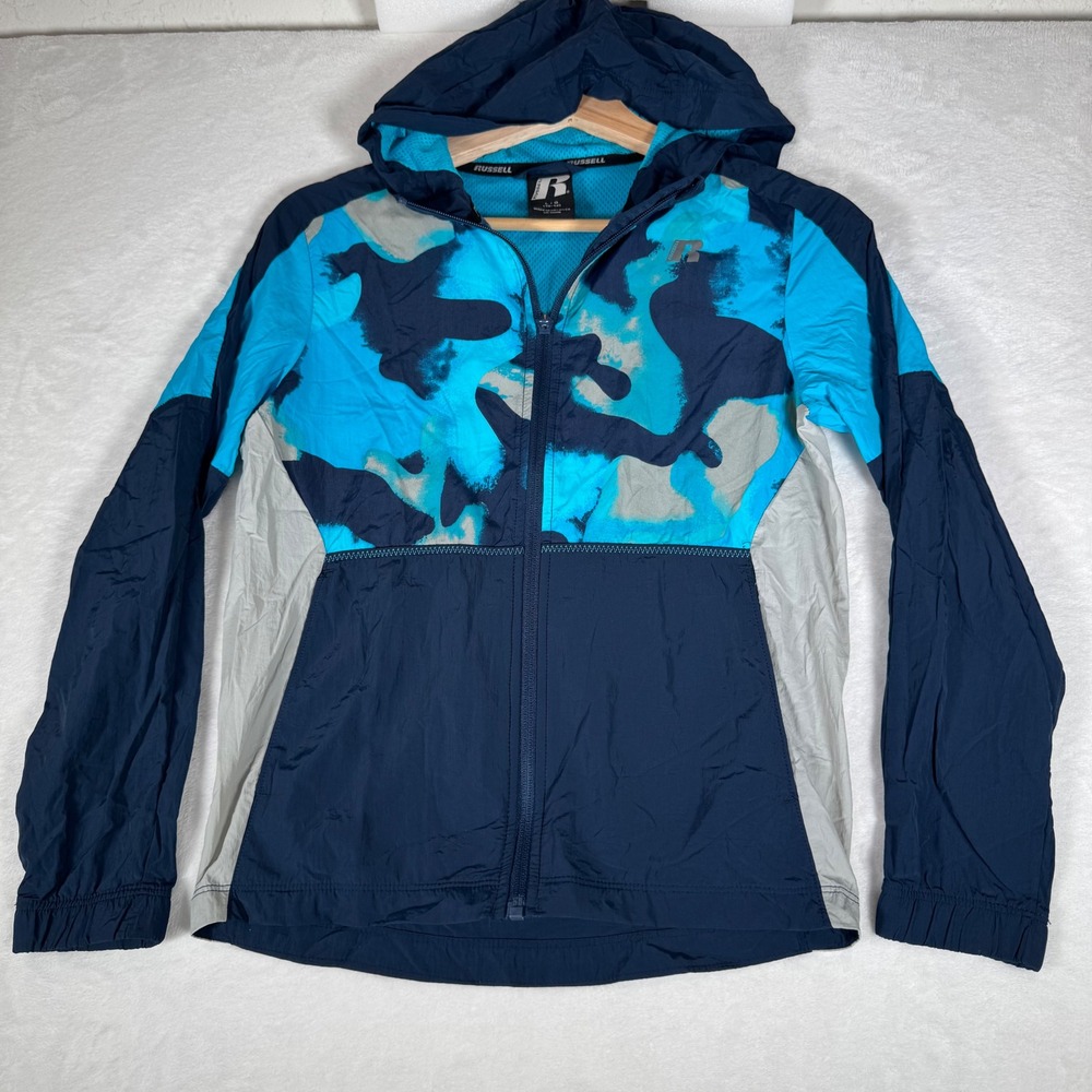 Russell Boys Blue Camo Colorblock‎ Windbreaker Jacket Hooded Full Zip - Picture 2 of 8